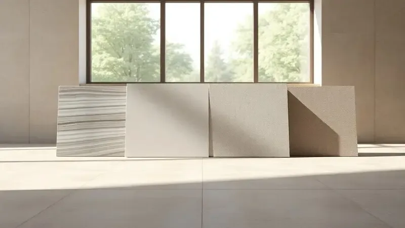 Amostras de porcelanato com diferentes acabamentos polido natural soft e EXT em composição 3D moderna.