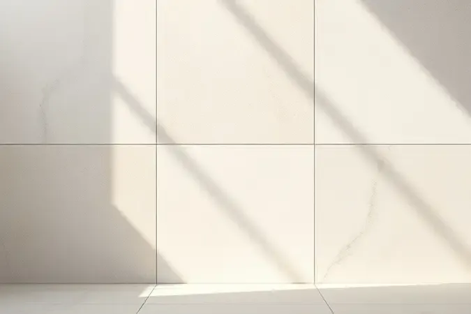 Renderização 3D de diferentes acabamentos de porcelanato polido, natural e soft em grade moderna.