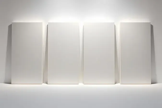 Quatro painéis lado a lado exibindo acabamentos de tinta fosco, acetinado e semibrilho sob iluminação controlada.