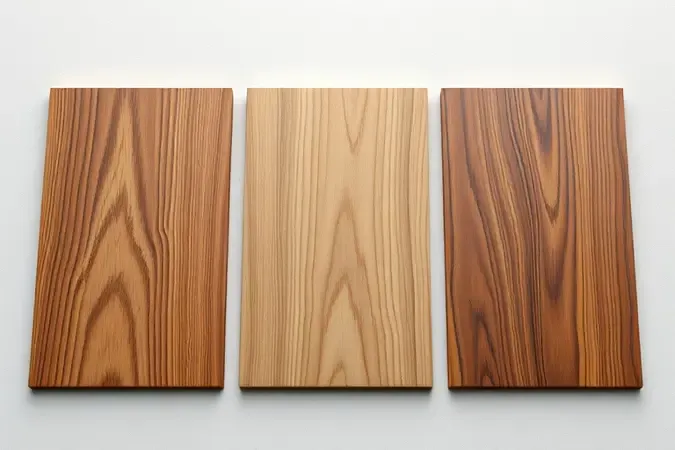 Tábua de madeira com três acabamentos de verniz: fosco, acetinado e alto brilho demonstrando diferenças visuais.