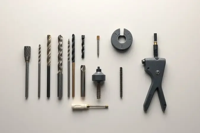 Render 3D de acessórios para furadeira de bancada como brocas e morsa organizados em composição minimalista e limpa.