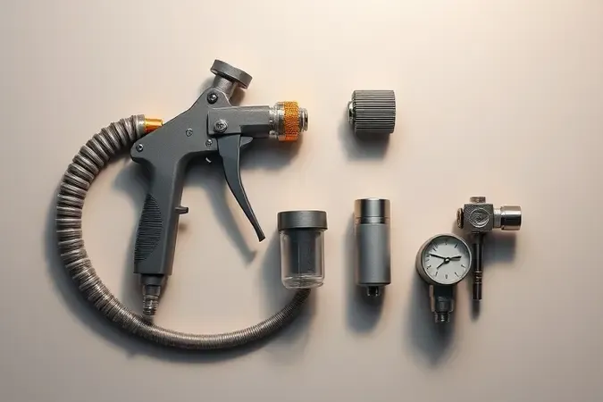 Render 3D conceitual de acessórios essenciais para pintura com compressor incluindo pistola, mangueira, filtro e regulador.
