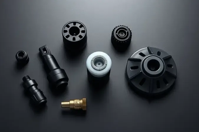 Acessórios de lavadora de alta pressão em renderização 3D conceitual com bicos, canhão de espuma e limpador de superfície.