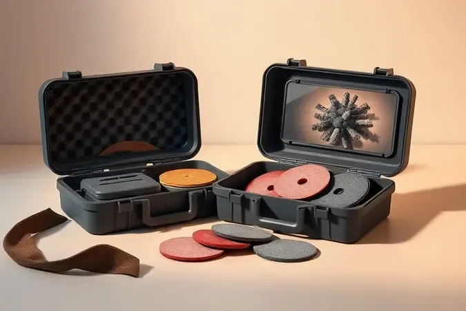 Renderização 3D de acessórios para lixadeira: maleta de transporte, coletor de pó e discos de lixa organizados em composição elegante
