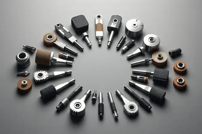Acessórios de micro retífica organizados em composição circular harmoniosa em renderização 3D conceitual.