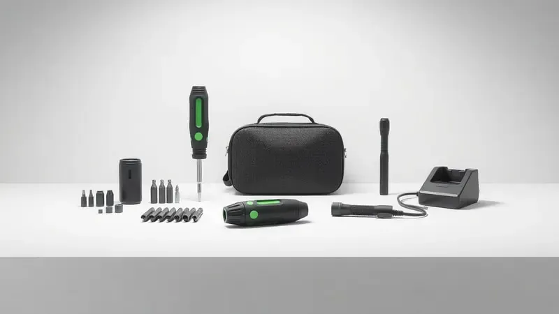 Renderização 3D de acessórios de parafusadeira incluindo bits, bateria, carregador e maleta organizados sobre superfície.