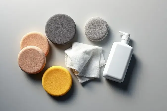 Acessórios essenciais para polimento automotivo incluindo boinas de espuma, pano de microfibra e composto de polimento sem rótulos em composição minimalista.