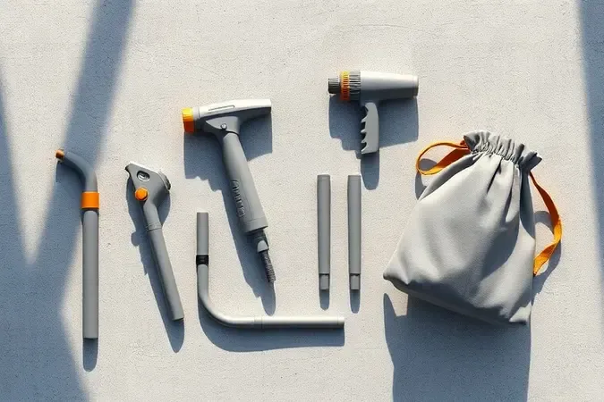 Acessórios conceituais para sopradores e aspiradores de folhas em renderização 3D minimalista sobre superfície de concreto