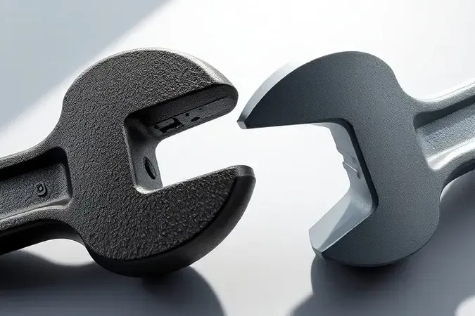 Close-up de cabeças de chave grifo em aço forjado e alumínio fundido lado a lado, destacando diferenças de textura e material.