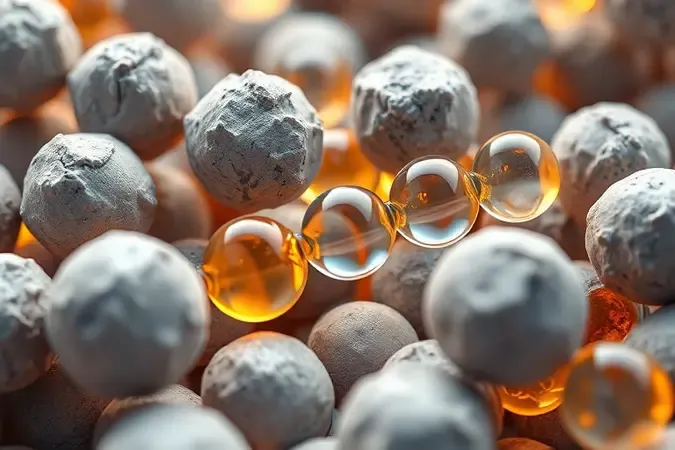Renderização 3D conceitual mostrando interação microscópica entre partículas de cimento e aditivos químicos formando ligações moleculares