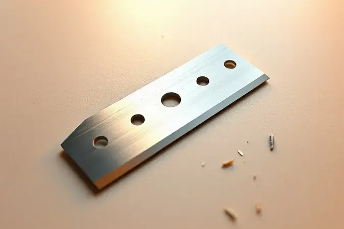 Renderização 3D de lâmina de cortador de grama sendo afiada em superfície de trabalho minimalista.