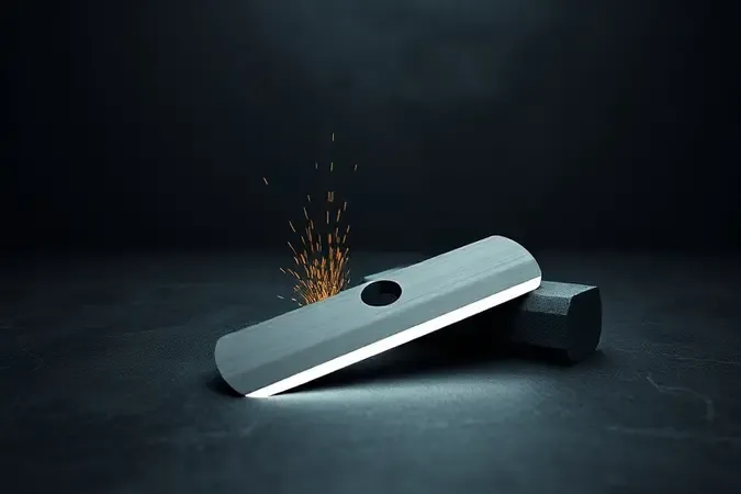 Render 3D conceitual de lâmina de cortador de grama sem marca sendo afiada com pedra estilizada e partículas metálicas em superfície escura.