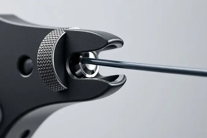 Detalhe em 3D do mecanismo de ajuste de pressão em alicate decapador de fio com iluminação profissional e materiais realistas