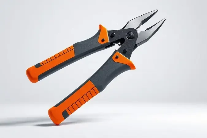 Renderização 3D de alicate de corte isolado sem marca com cabos ergonômicos bicoloridos e iluminação profissional dramática.