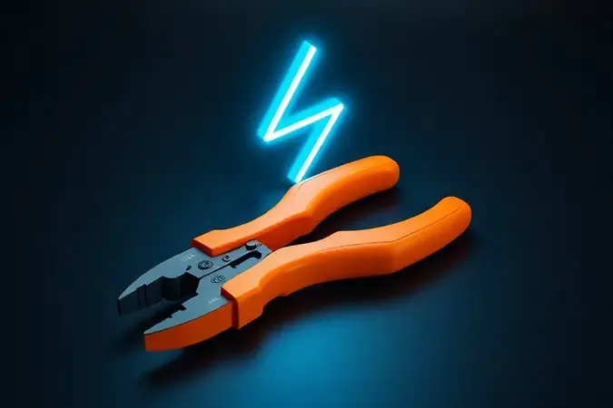Render 3D de alicate isolado com indicação luminosa abstrata de segurança elétrica em estúdio profissional
