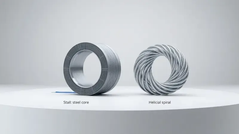 Comparação conceitual 3D entre passa fio com alma de aço e modelo helicoidal lado a lado.