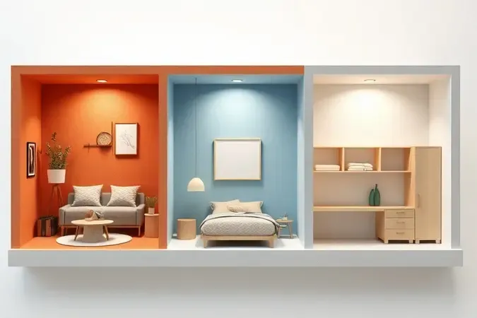 Três ambientes internos em miniatura mostrando diferentes cores e acabamentos de tinta em salas modernas.