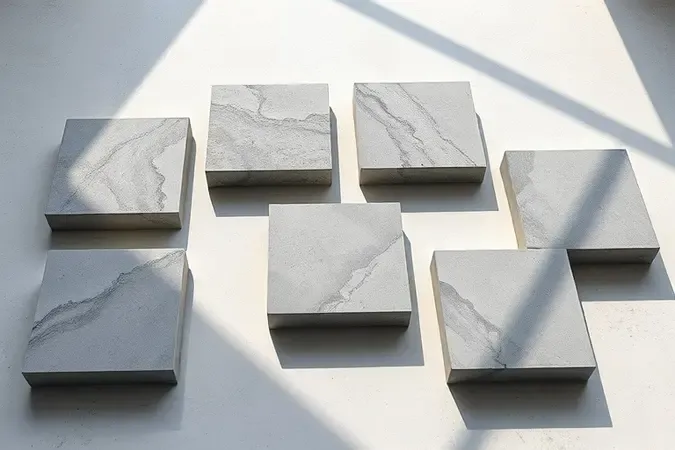 Amostras de cimento queimado em diferentes tonalidades de cinza dispostas sobre superfície neutra para comparação.
