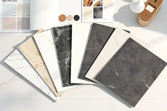 Amostras de porcelanato em diferentes cores e padrões organizadas sobre mesa de design para escolha de revestimento ideal.
