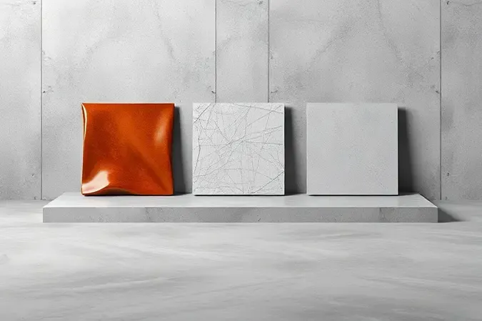 Amostras conceituais de diferentes tipos de impermeabilizantes sobre superfície de concreto limpa em renderização 3D minimalista.