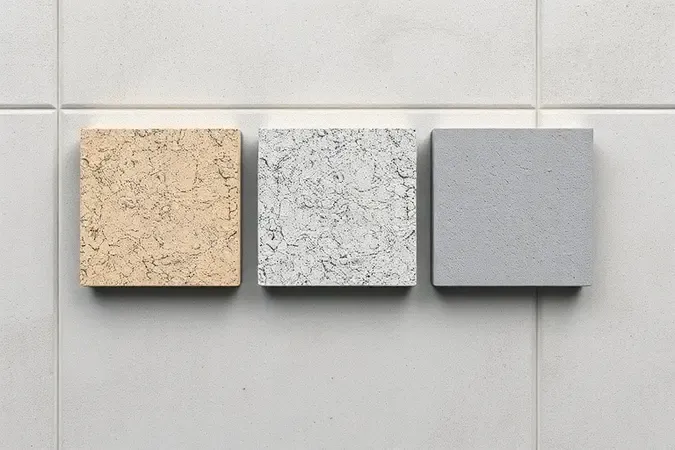 Amostras de rejunte para piscina lado a lado exibindo diferentes texturas, acabamentos e tonalidades em renderização 3D conceitual.