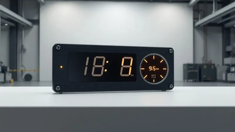 Render 3D conceitual mostrando painel digital com indicadores de amperagem e ciclo de trabalho em ambiente industrial limpo.