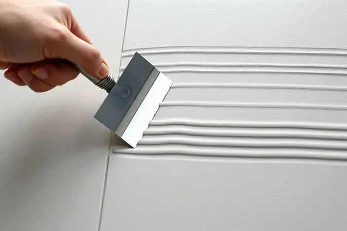 Técnica de aplicação de argamassa com desempenadeira dentada formando cordões uniformes render 3D.