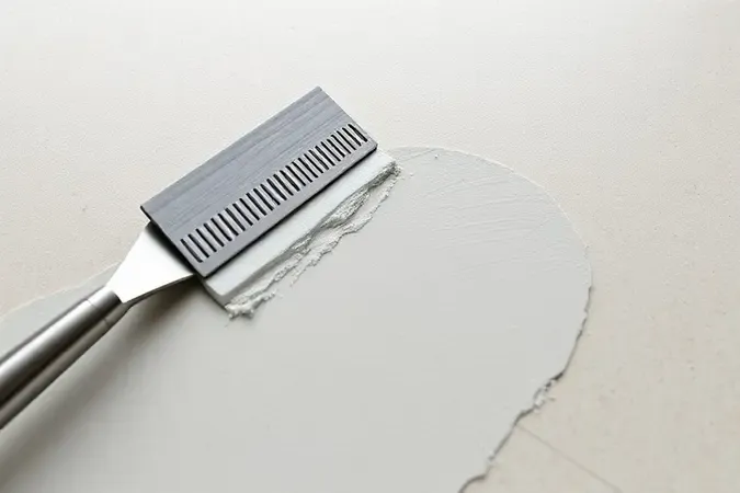 Aplicação correta de argamassa em porcelanato com desempenadeira dentada criando sulcos uniformes em render 3D