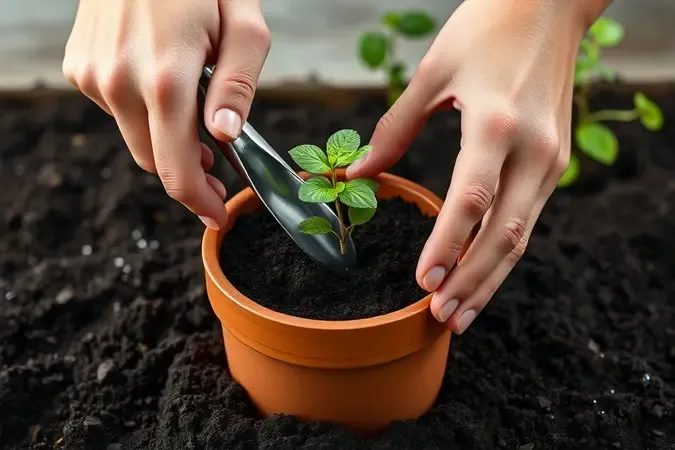 Mãos plantando muda com pá de aço inoxidável em vaso de terracota em renderização 3D conceitual