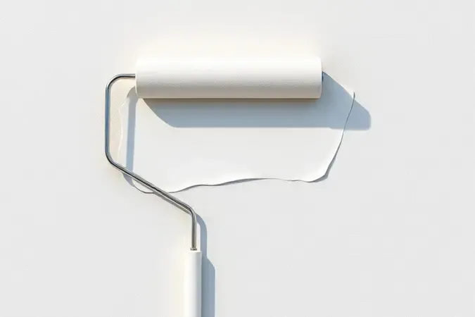Renderização conceitual de aplicação de revestimento impermeabilizante em parede externa com rolo espalhando camada uniforme.