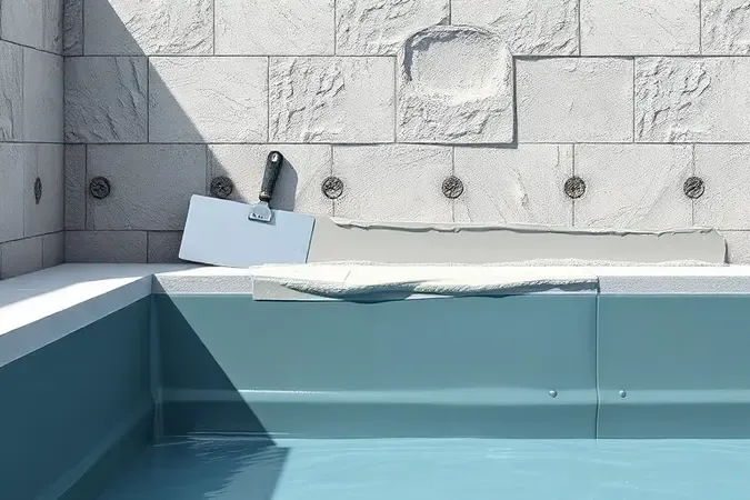 Render 3D de aplicação de argamassa impermeabilizante com desempenadeira em parede de piscina de alvenaria em construção.