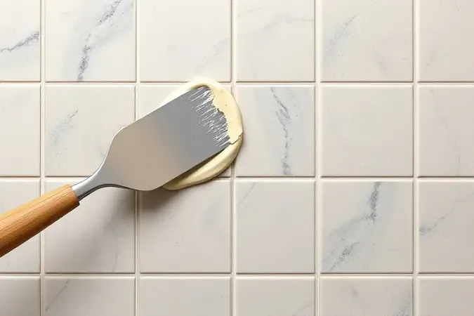 Renderização 3D conceitual de aplicação cuidadosa de rejunte em juntas de azulejos no banheiro.
