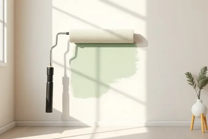 Renderização 3D de rolo de pintura aplicando tinta verde-sálvia em parede clara com iluminação natural suave.