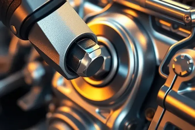 Render 3D de torquímetro genérico aplicando torque preciso em parafuso metálico sobre componente mecânico limpo.