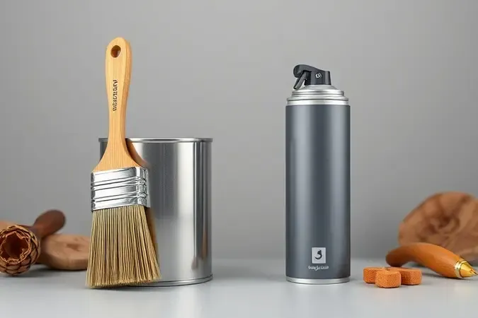 Render 3D comparando aplicação de verniz em lata com pincel versus spray sobre superfície de madeira.