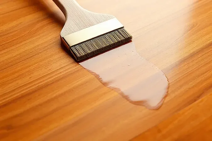 Aplicação uniforme de verniz sobre madeira sem bolhas em render 3D com acabamento impecável.