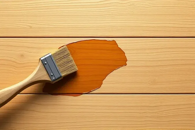 Render 3D conceitual de pincel aplicando verniz marítimo translúcido sobre superfície de madeira limpa.