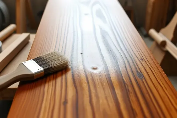 Renderização 3D de pincel aplicando verniz marítimo brilhante sobre madeira com acabamento uniforme e profissional.