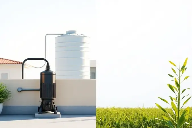 Cena 3D conceitual mostrando aplicações de bomba d'água em residência e jardim com estilo minimalista.