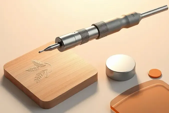 Ilustração 3D conceitual mostrando aplicações de micro retífica em diferentes materiais como madeira e metal em composição limpa.