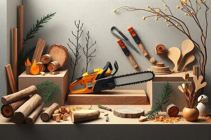 Aplicações variadas de motosserras desde corte de lenha até jardinagem em composição 3D conceitual