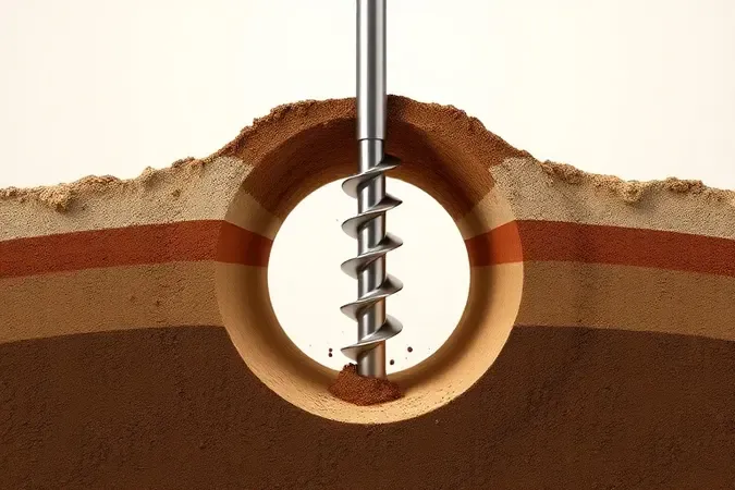 Renderização 3D mostrando perfurador de solo criando cavidade cilíndrica em corte transversal de terra com iluminação natural suave.
