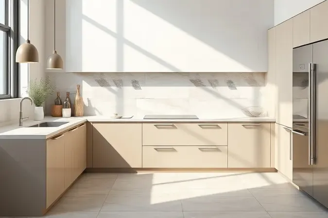 Cena conceitual mostrando aplicações de porcelanato em bancada, parede e piso de cozinha moderna.