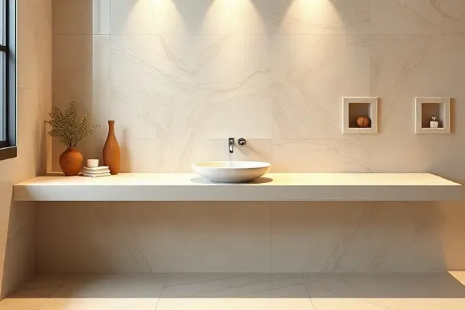 Renderização 3D de banheiro com bancada, cuba e nichos de porcelanato integrados, demonstrando aplicações versáteis do material.