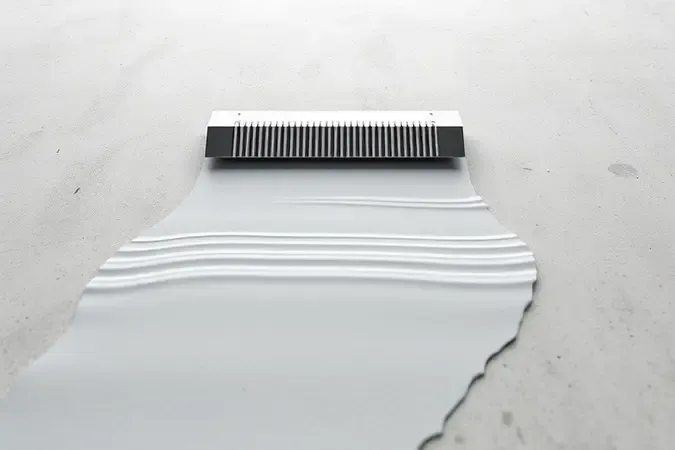Desempenadeira dentada espalhando argamassa em cordões sobre contrapiso com porcelanato flutuando acima em close conceitual.