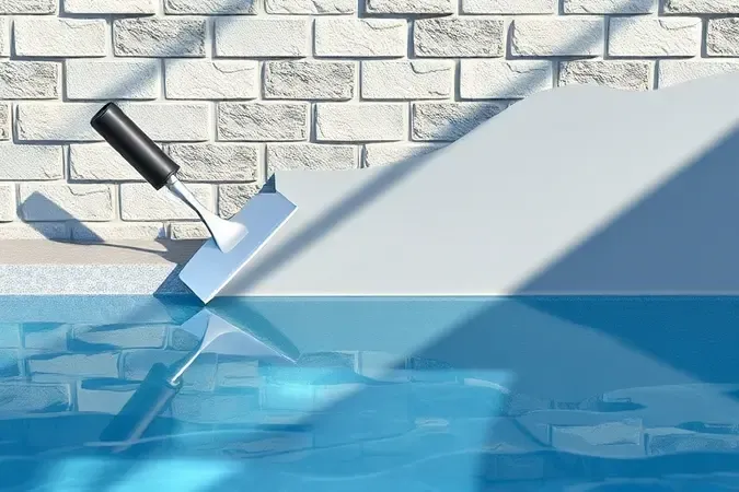 Aplicação de revestimento impermeabilizante em parede de piscina de alvenaria com desempenadeira em cena 3D