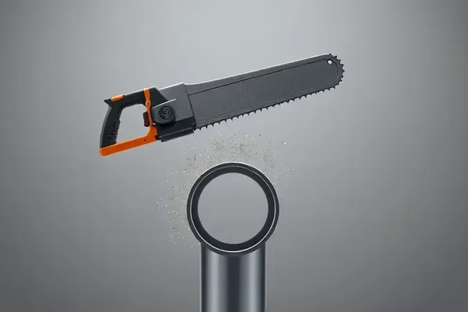 Render 3D conceitual mostrando arco de serra cortando tubo metálico em ambiente minimalista