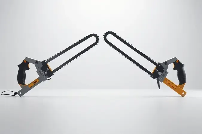 Comparação conceitual em 3D entre arco de serra fixo e regulável lado a lado, destacando a diferença estrutural com iluminação de estúdio.