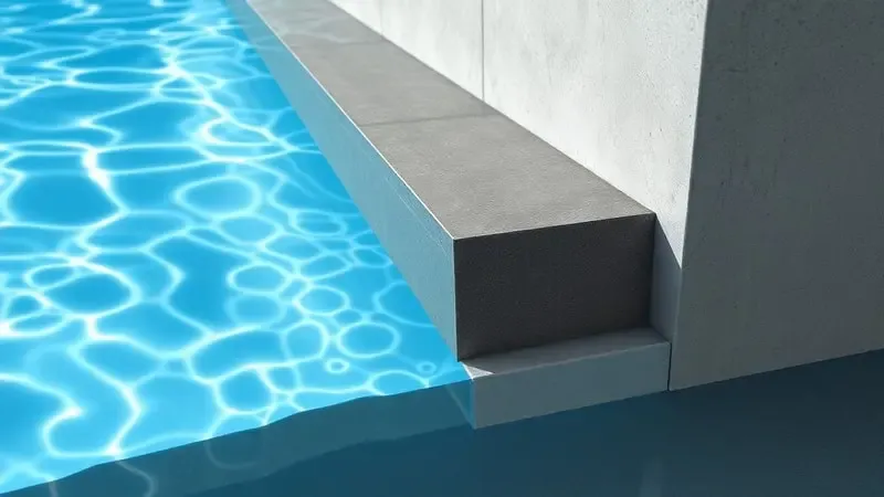 Corte transversal 3D de argamassa impermeável para piscina formando barreira entre água e estrutura de concreto.
