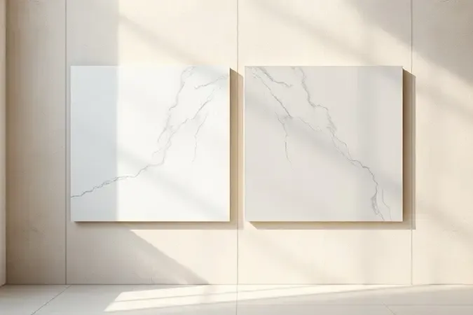 Comparação conceitual 3D entre argamassa branca e cinza aplicadas em porcelanato, destacando as diferenças visuais.